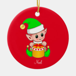 Christmas Elf on Red Ceramic Ornament