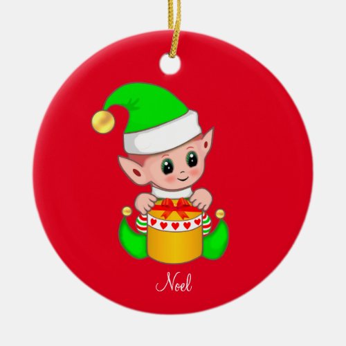 Christmas Elf on Red Ceramic Ornament