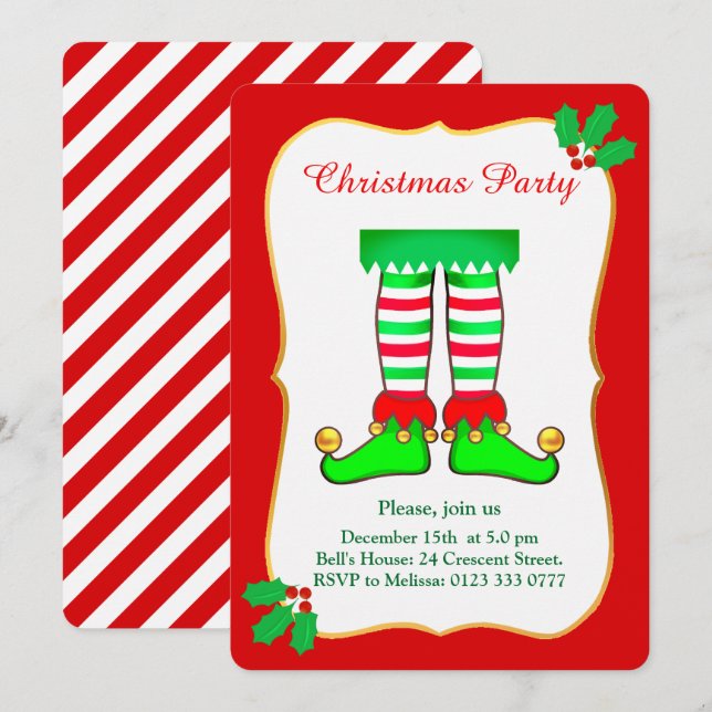 Christmas Elf on Red Party Invitation (Front/Back)