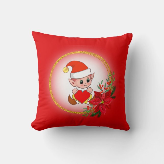 Christmas Elf on Red Throw Pillow (Front)