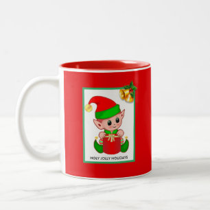 Christmas Elf on Red Two-Tone Coffee Mug