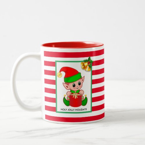 Christmas Elf on Red White Striped Two_Tone Coffee Mug