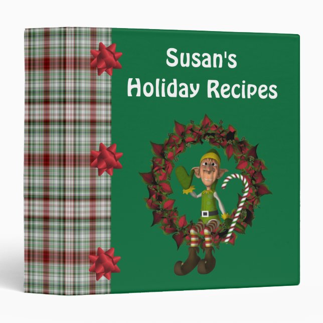 Christmas Elf On Wreath Personalized Recipe  Binder (Front/Spine)