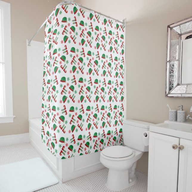 Christmas Elf Outfit Pattern Green Red Shower Curtain (In Situ)