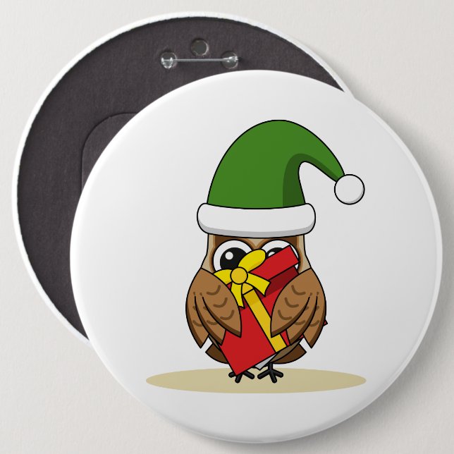 Christmas Elf Owl with Present Button (Front & Back)