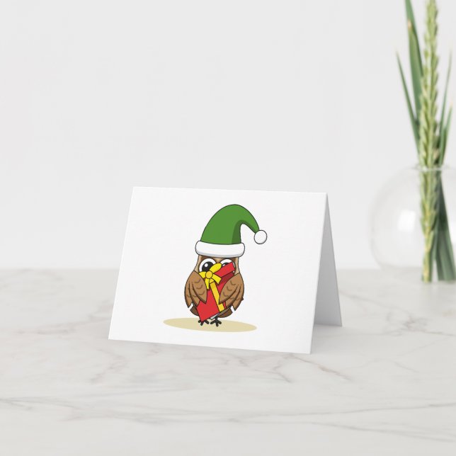 Christmas Elf Owl with Present Card (Front)