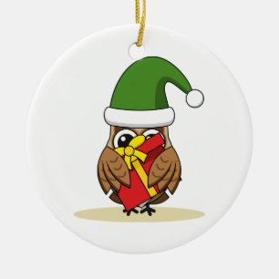 Christmas Elf Owl with Present Ceramic Ornament