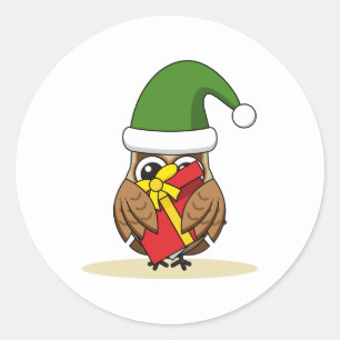 Christmas Elf Owl with Present Classic Round Sticker