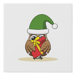 Christmas Elf Owl with Present Faux Canvas Print