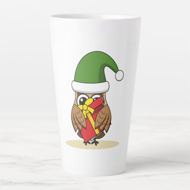Christmas Elf Owl with Present Latte Mug (Front)