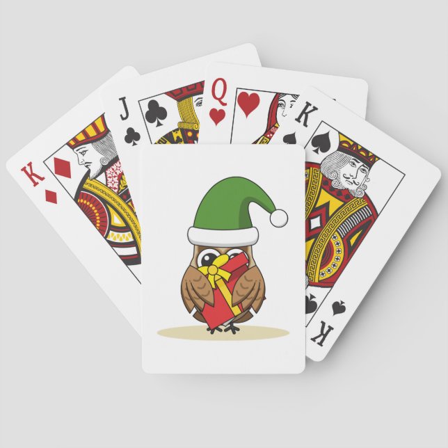 Christmas Elf Owl with Present Poker Cards (Back)
