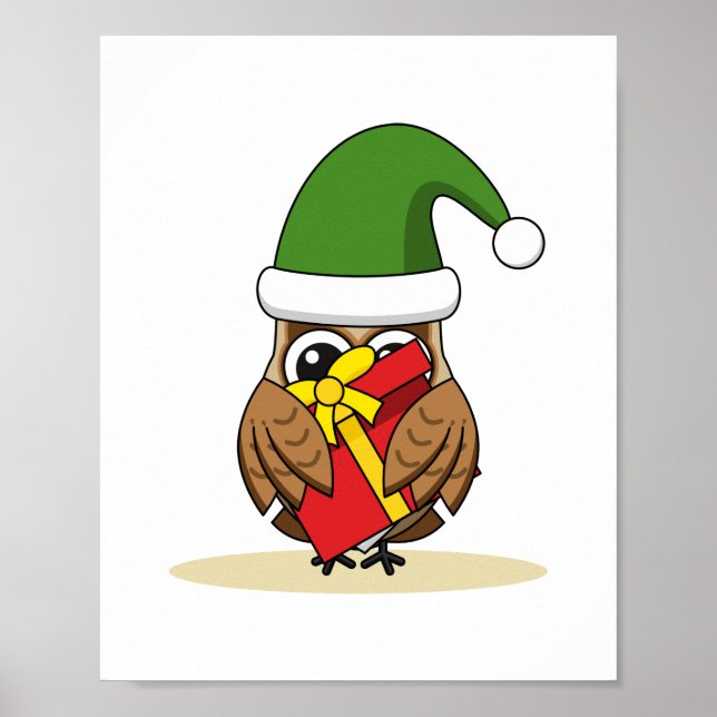Christmas Elf Owl with Present Poster (Front)