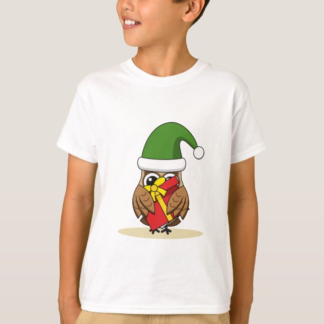 Christmas Elf Owl with Present T-Shirt (Front)