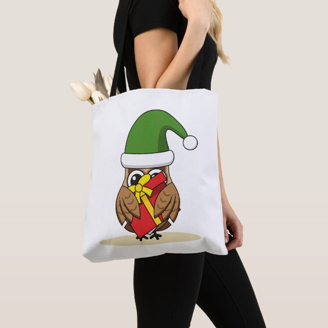 Christmas Elf Owl with Present Tote Bag (Close Up)