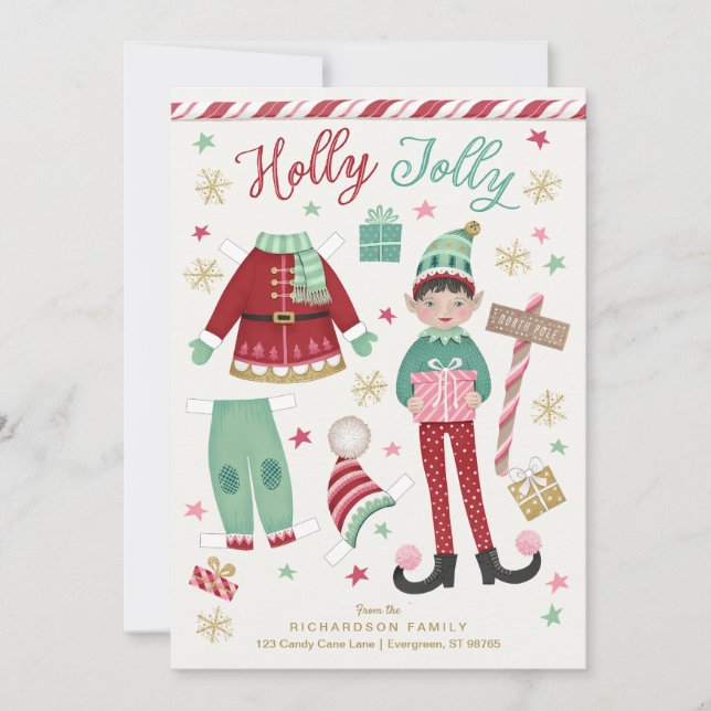 Christmas Elf Paper Doll Flat Holiday Card (Front)