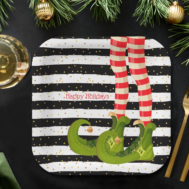 Christmas Elf Paper Plates (Christmas Elf Legs on Stripes Holiday Paper Plates)