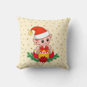 Christmas elf, pine, poinsettia & stars on ivory throw pillow
