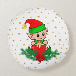 Christmas elf, pine, poinsettia & stars Round Pillow