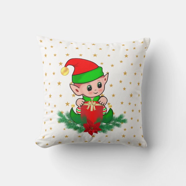 Christmas elf, pine, poinsettia & stars throw pillow (Front)
