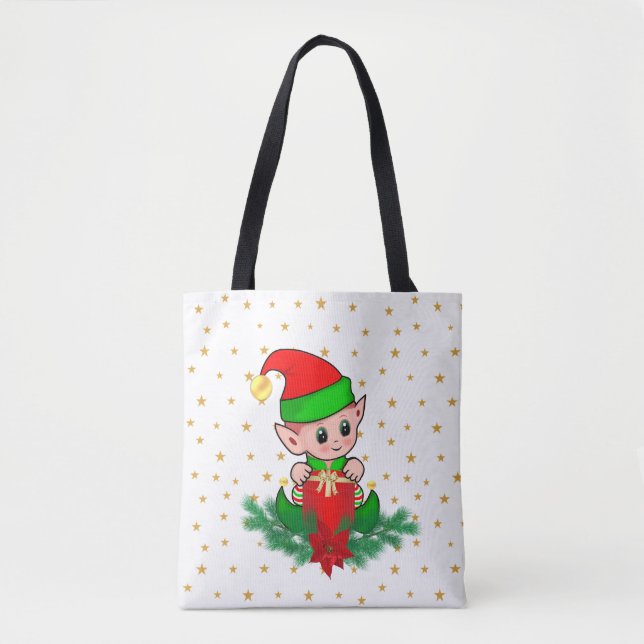 Christmas elf, pine, poinsettia & stars tote bag (Front)