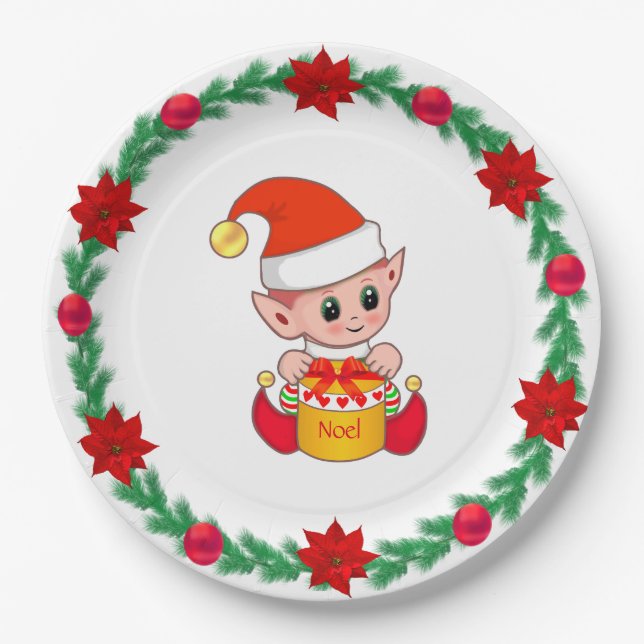 Christmas Elf, pine wreath, poinsettias &  balls P Paper Plates (Front)