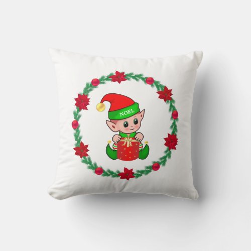 Christmas elf pine wreath poinsettias  balls throw pillow