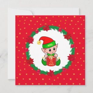 Christmas elf, pine wreath, poinsettias & stars