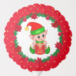 Christmas elf, pine wreath, poinsettias & stars balloon