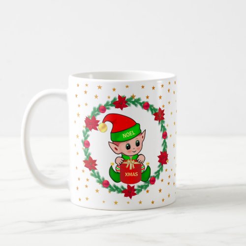 Christmas elf pine wreath poinsettias  stars coffee mug