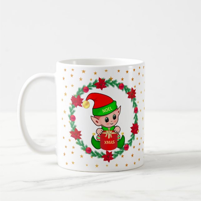 Christmas elf, pine wreath, poinsettias & stars coffee mug (Left)