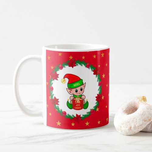 Christmas elf pine wreath poinsettias  stars coffee mug