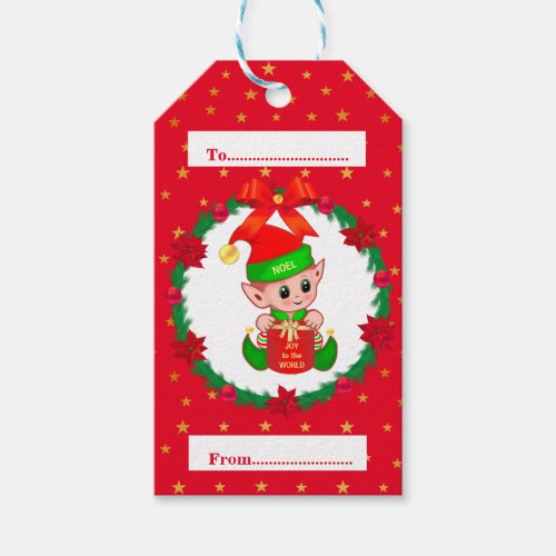 Christmas elf pine wreath poinsettias  stars gift tags