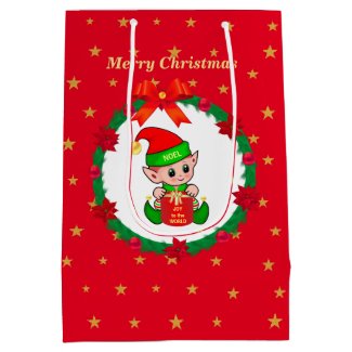 Christmas elf, pine wreath, poinsettias & stars