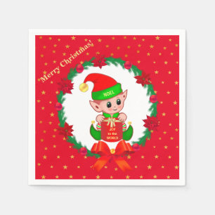 Christmas elf, pine wreath, poinsettias & stars napkins