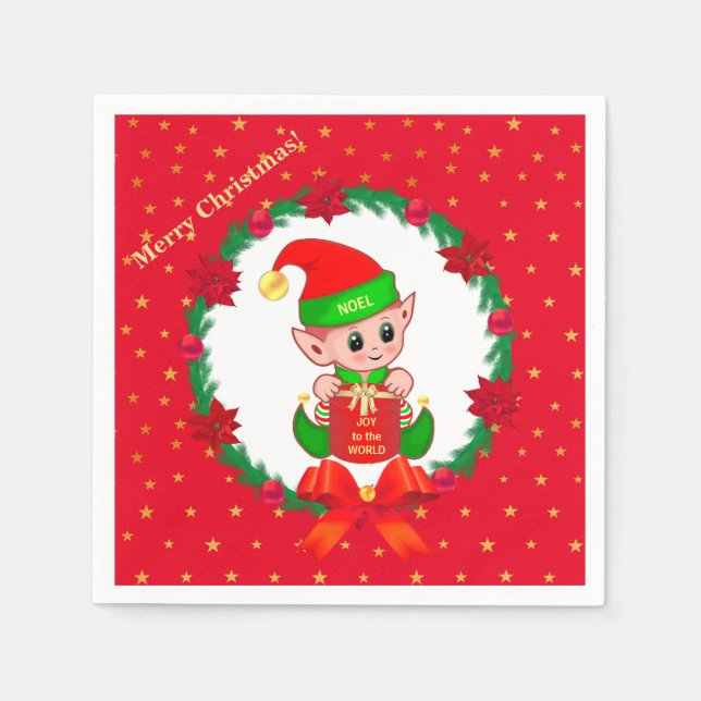 Christmas elf, pine wreath, poinsettias & stars napkins (Front)
