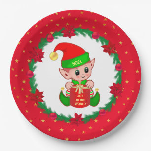 Christmas elf, pine wreath, poinsettias & stars paper plates