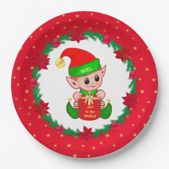 Christmas elf, pine wreath, poinsettias & stars paper plates (Front)