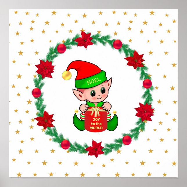 Christmas elf, pine wreath, poinsettias & stars poster (Front)