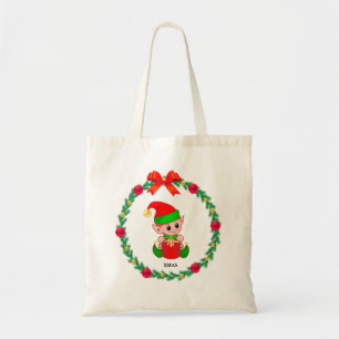 Christmas elf, pine wreath, red & golden balls tote bag