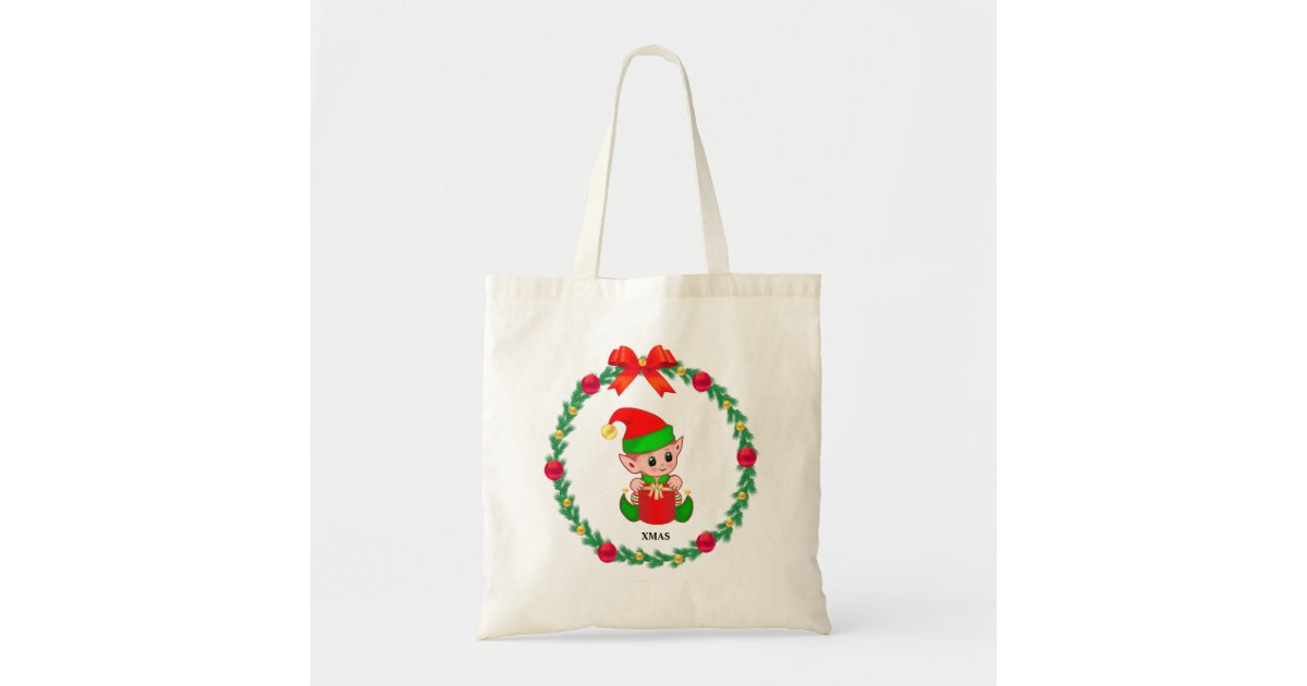 Christmas elf, pine wreath, red & golden balls tote bag | Zazzle
