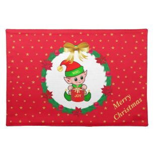 Christmas elf, pine wreath & stars cloth placemat