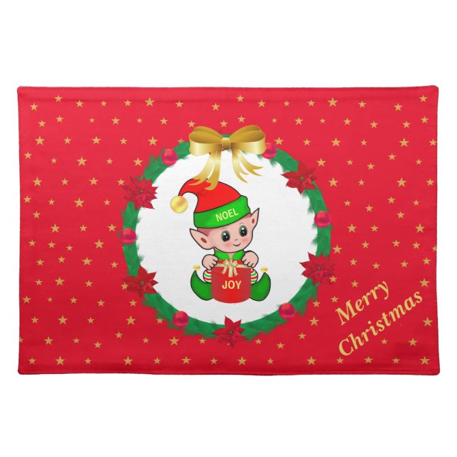 Christmas elf, pine wreath & stars cloth placemat (Front)