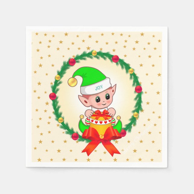 Christmas elf, pine wreath & stars  napkins (Front)