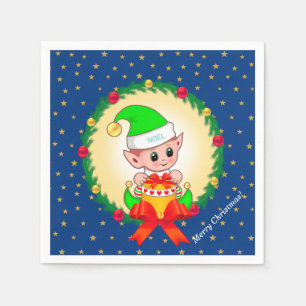 Christmas elf, pine wreath & stars on blue napkins