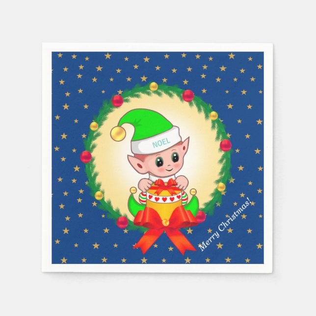 Christmas elf, pine wreath & stars on blue napkins (Front)