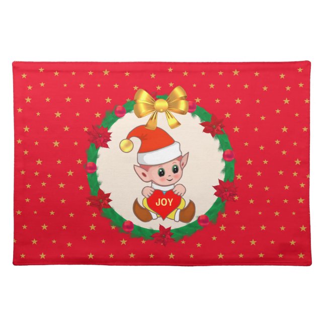 Christmas Elf, Pine Wreath & Stars on Red Cloth Placemat (Front)