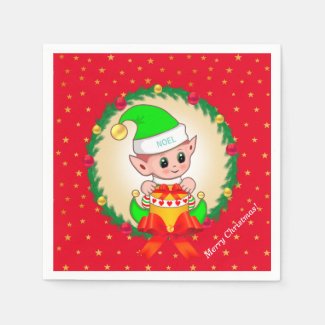 Christmas elf, pine wreath & stars on red