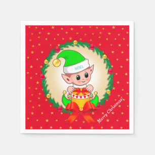 Christmas elf, pine wreath & stars on red napkins