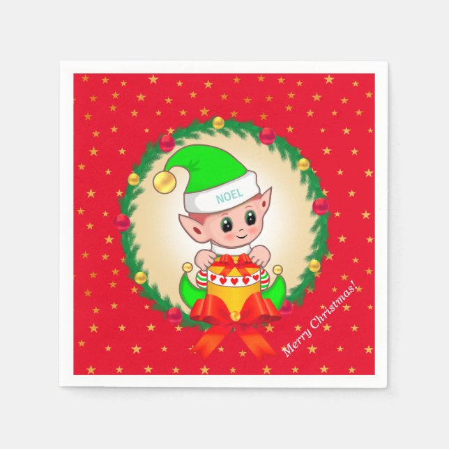 Christmas elf, pine wreath & stars on red napkins (Front)
