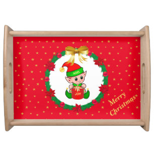 Christmas elf, pine wreath & stars serving tray
